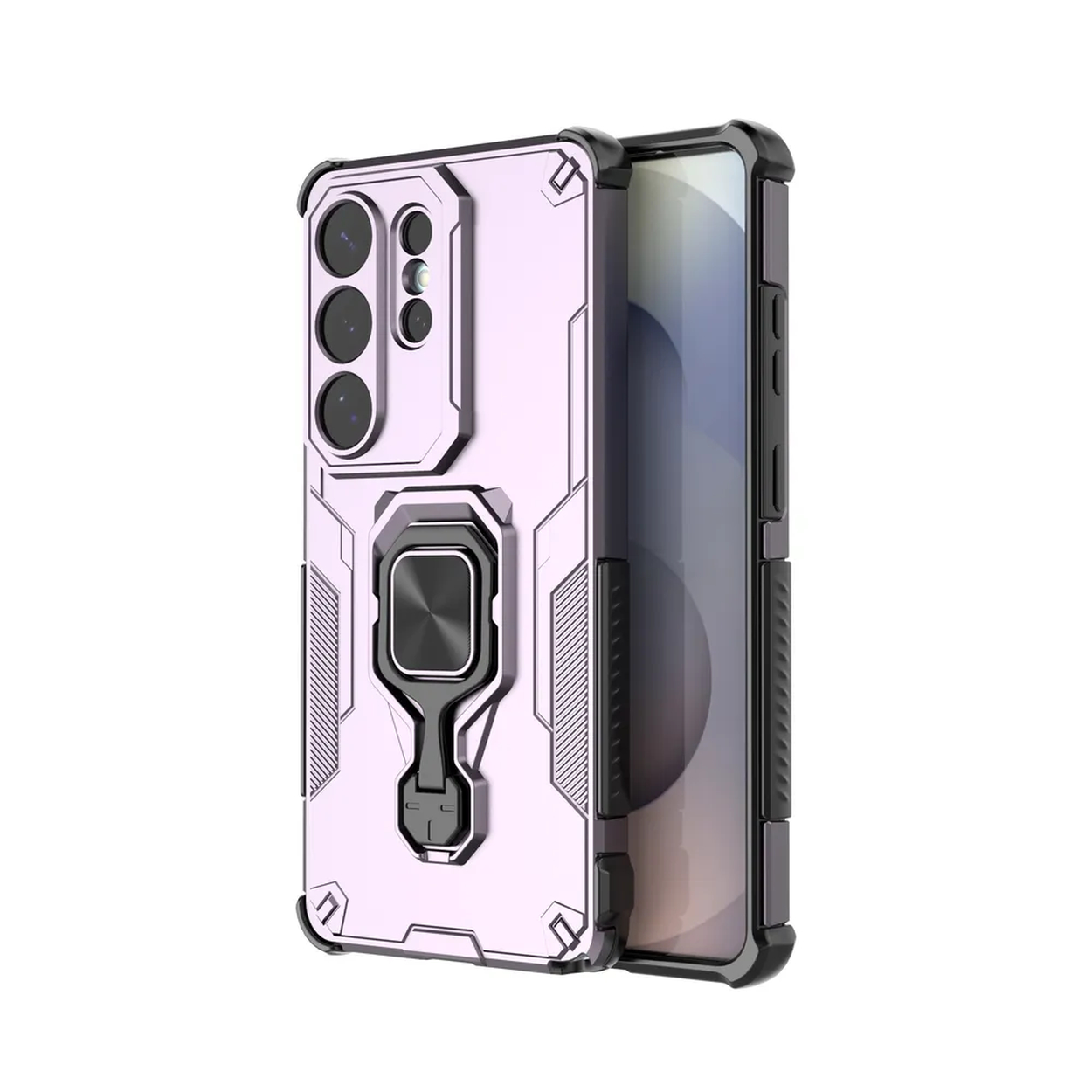 Une coque de téléphone rose avec support anneau et découpe caméra sur fond blanc.