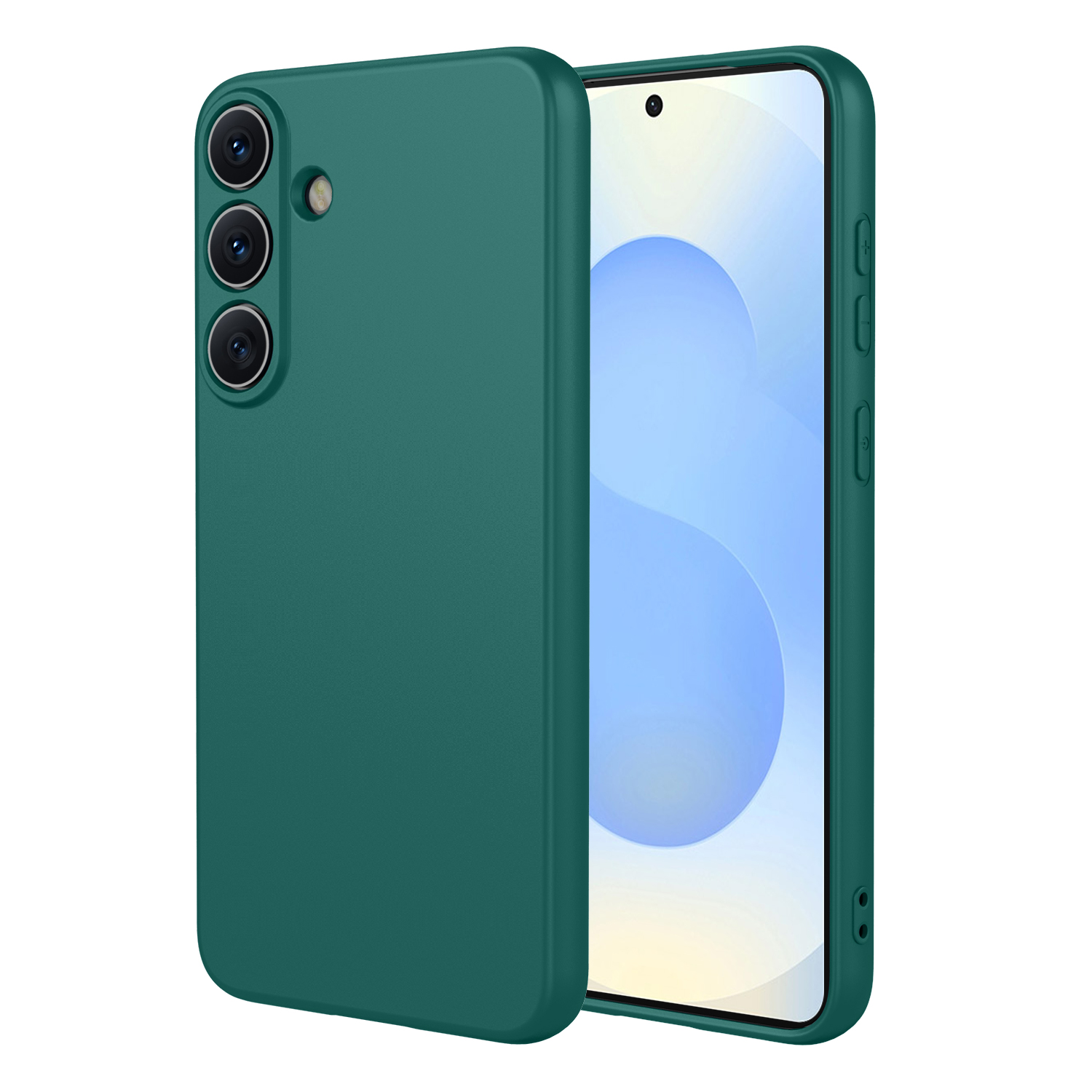Un téléphone vert avec trois caméras et une coque.