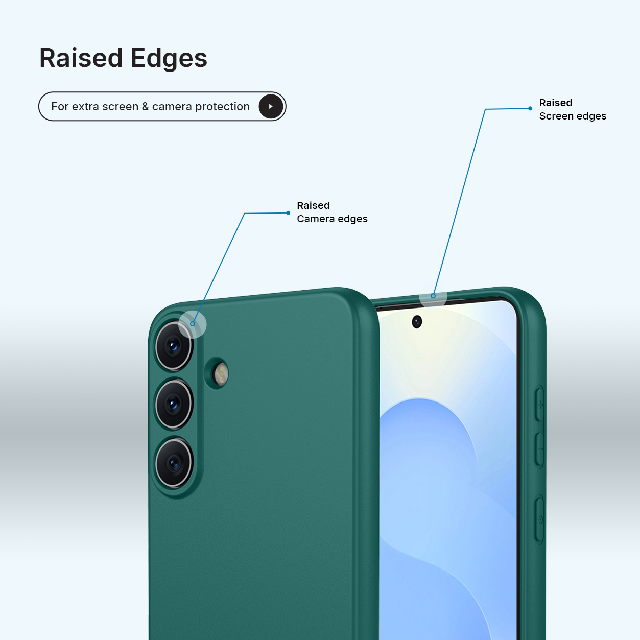 Coque de téléphone vert foncé avec bords surélevés pour protéger l'appareil photo et l'écran.