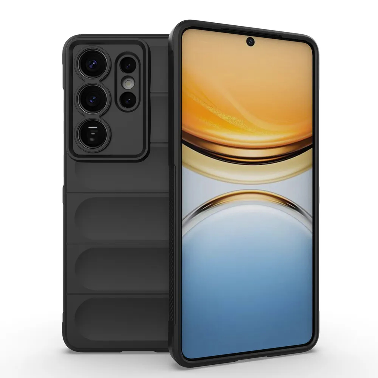 Zwarte smartphone met getextureerde achterkant en schermhoes.