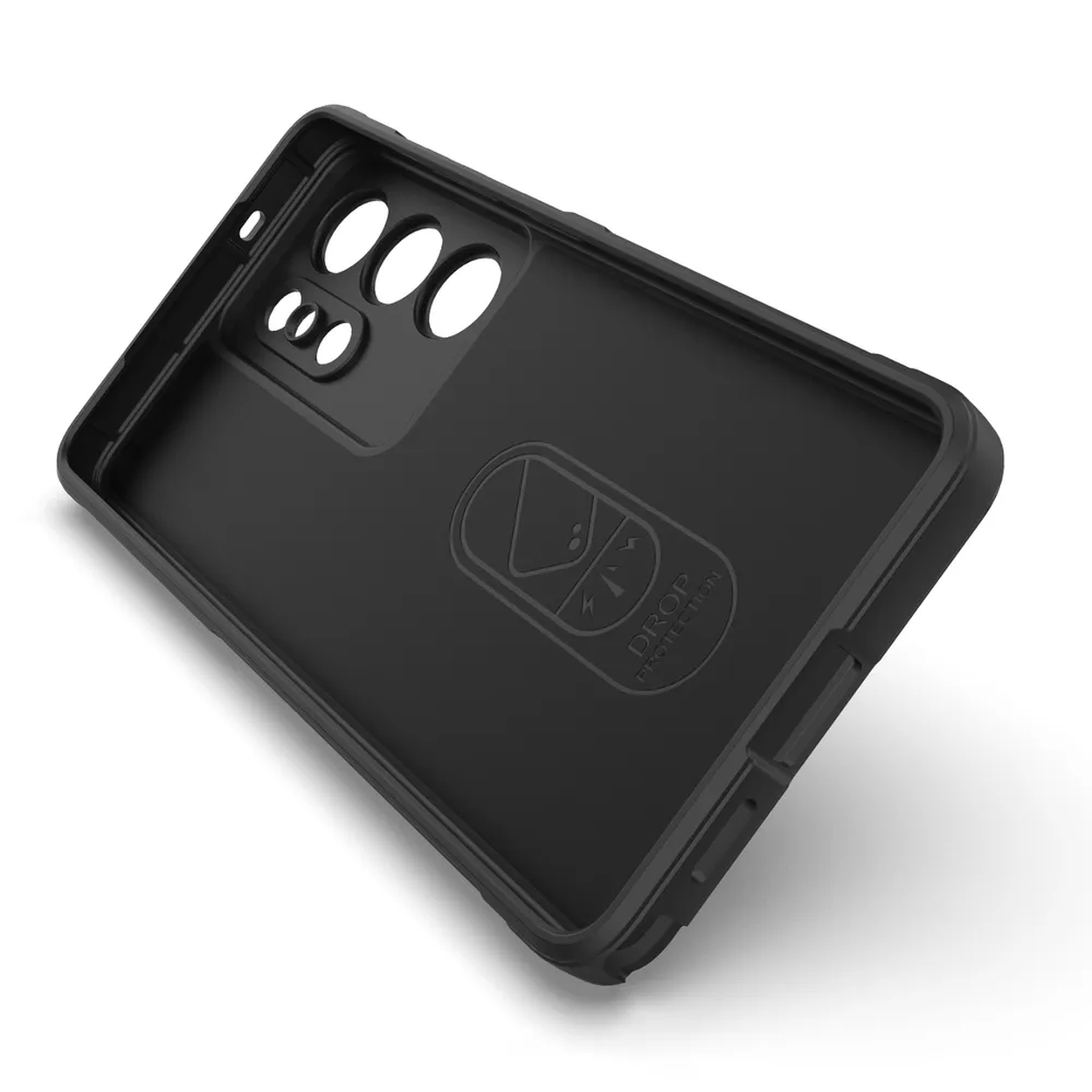 Zwarte telefoonhoes met uitsparingen voor camera en knoppen. Logo in reliëf.