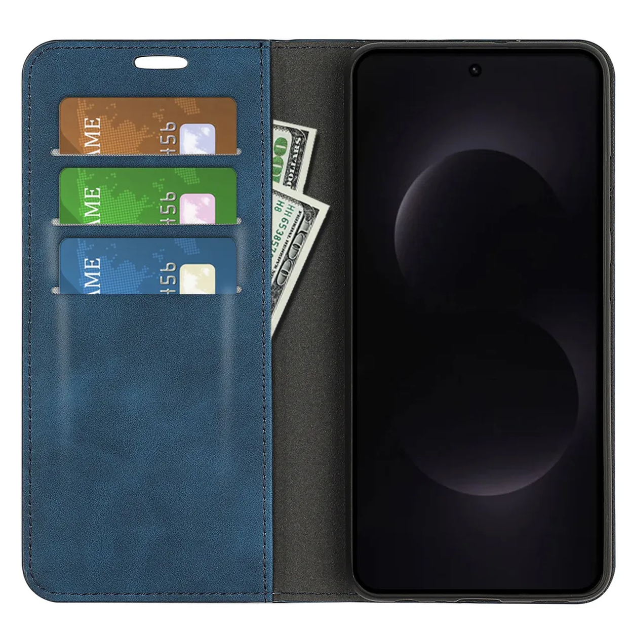 Étui portefeuille bleu pour téléphone avec fentes pour cartes et billets. Écran du smartphone noir.