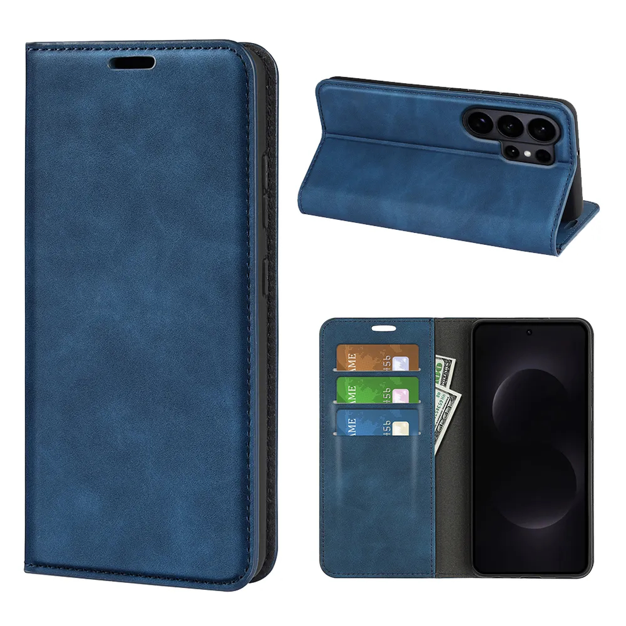 Étui portefeuille bleu pour téléphone avec fentes pour cartes et support.