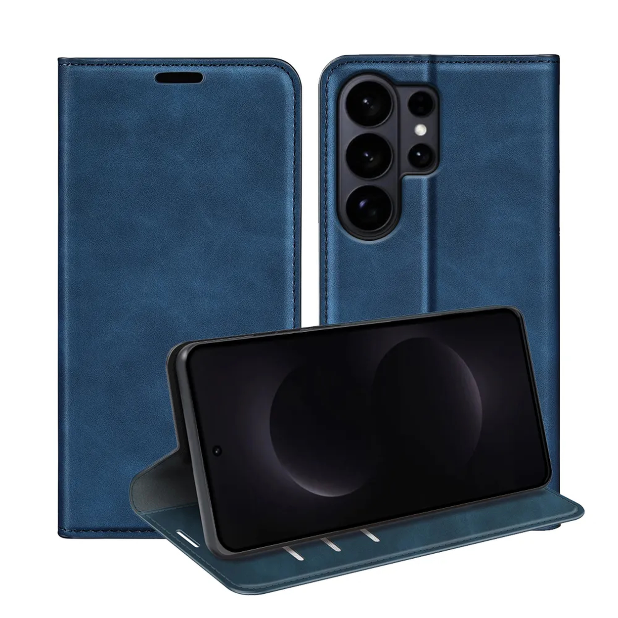 Étui à rabat bleu pour téléphone avec trois caméras.