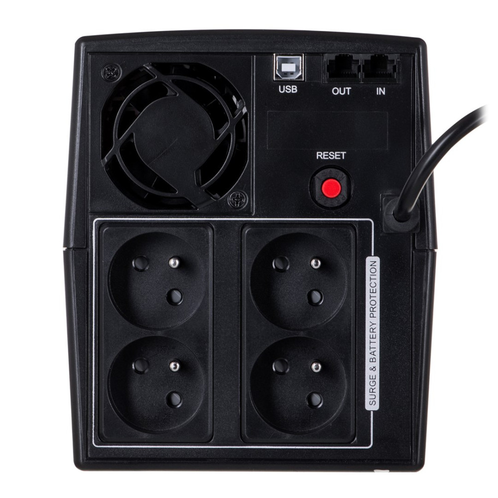 Tył czarnego urządzenia UPS z gniazdami, wentylatorem, portem USB i przyciskiem reset.