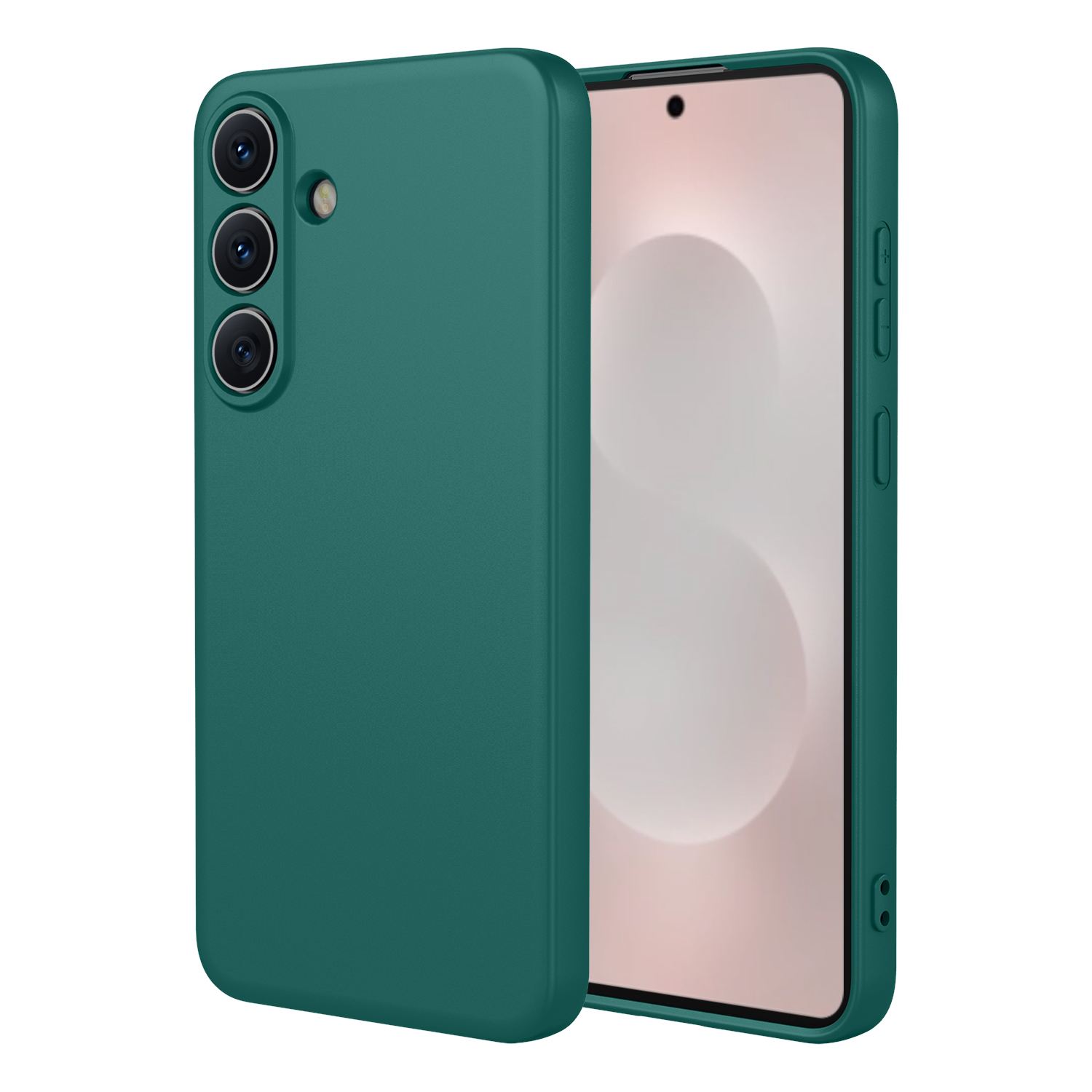 Een groene telefoonhoes ligt naast een smartphone met een bleek scherm.