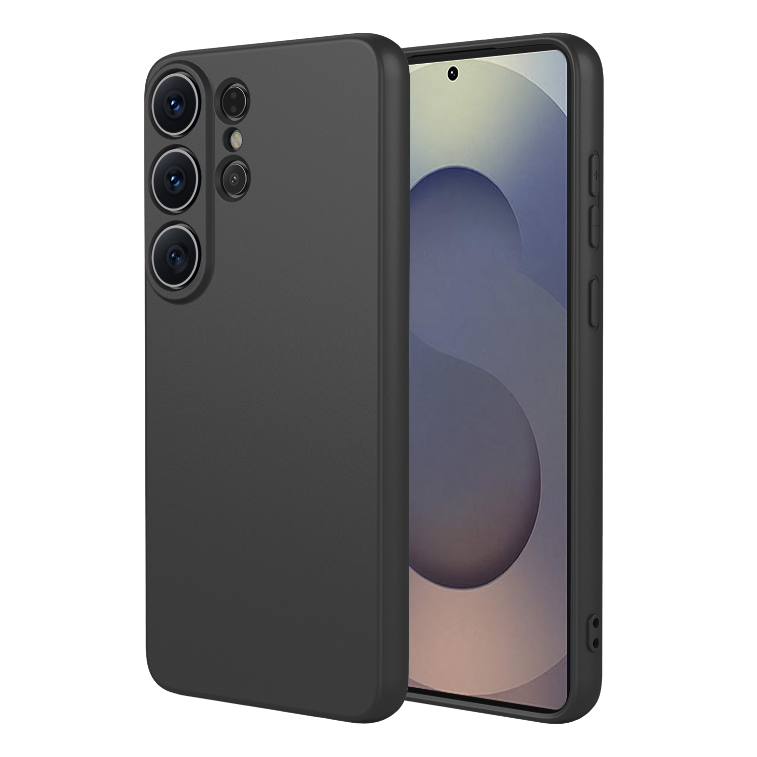 Een zwarte telefoon met drie camera's aan de achterkant en een scherm, van de zijkant gezien.