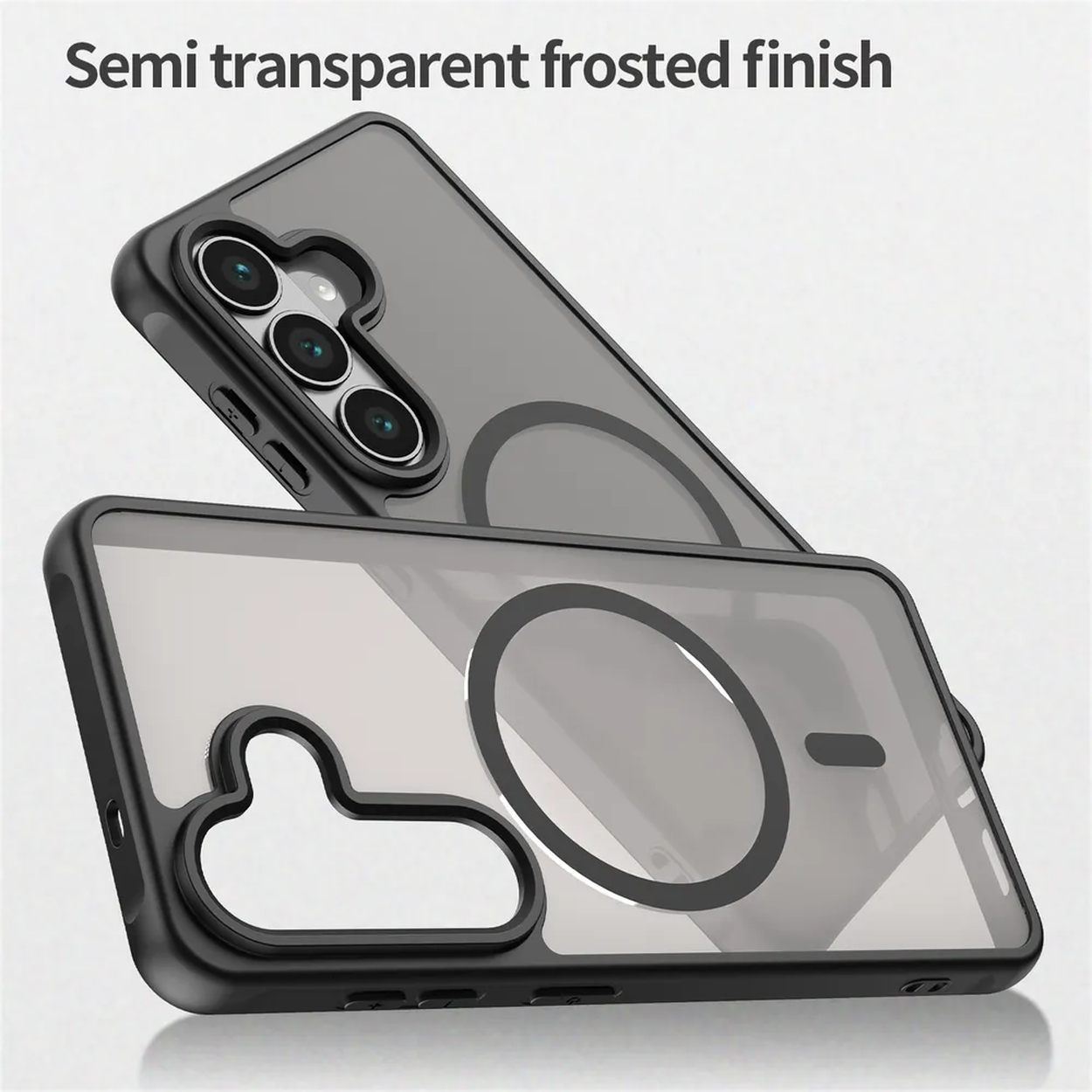 Twee semi-transparante, rokerig grijze telefoonhoesjes met zwarte frames.