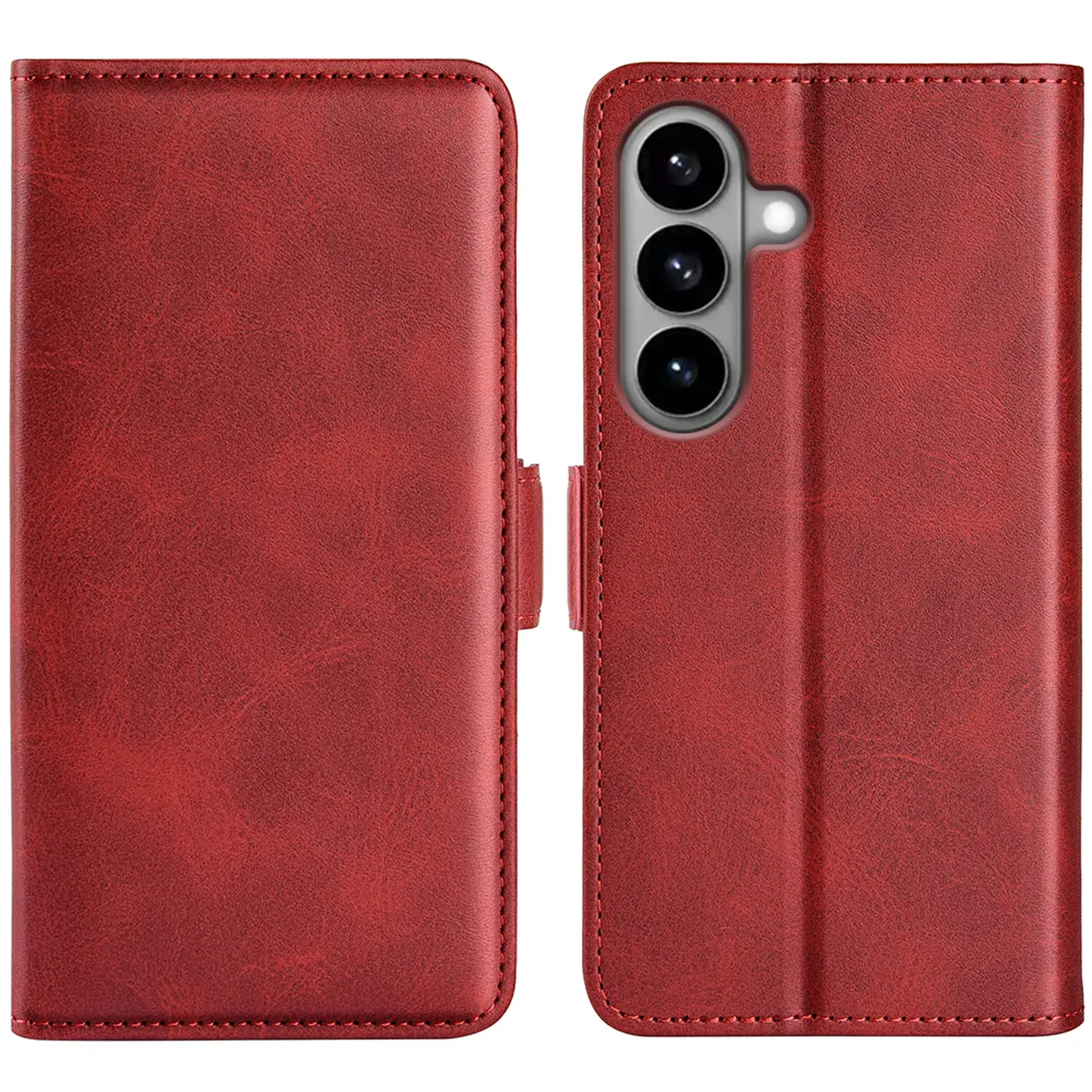 Rood leren telefoonhoesje met drie camera's aan de achterkant.