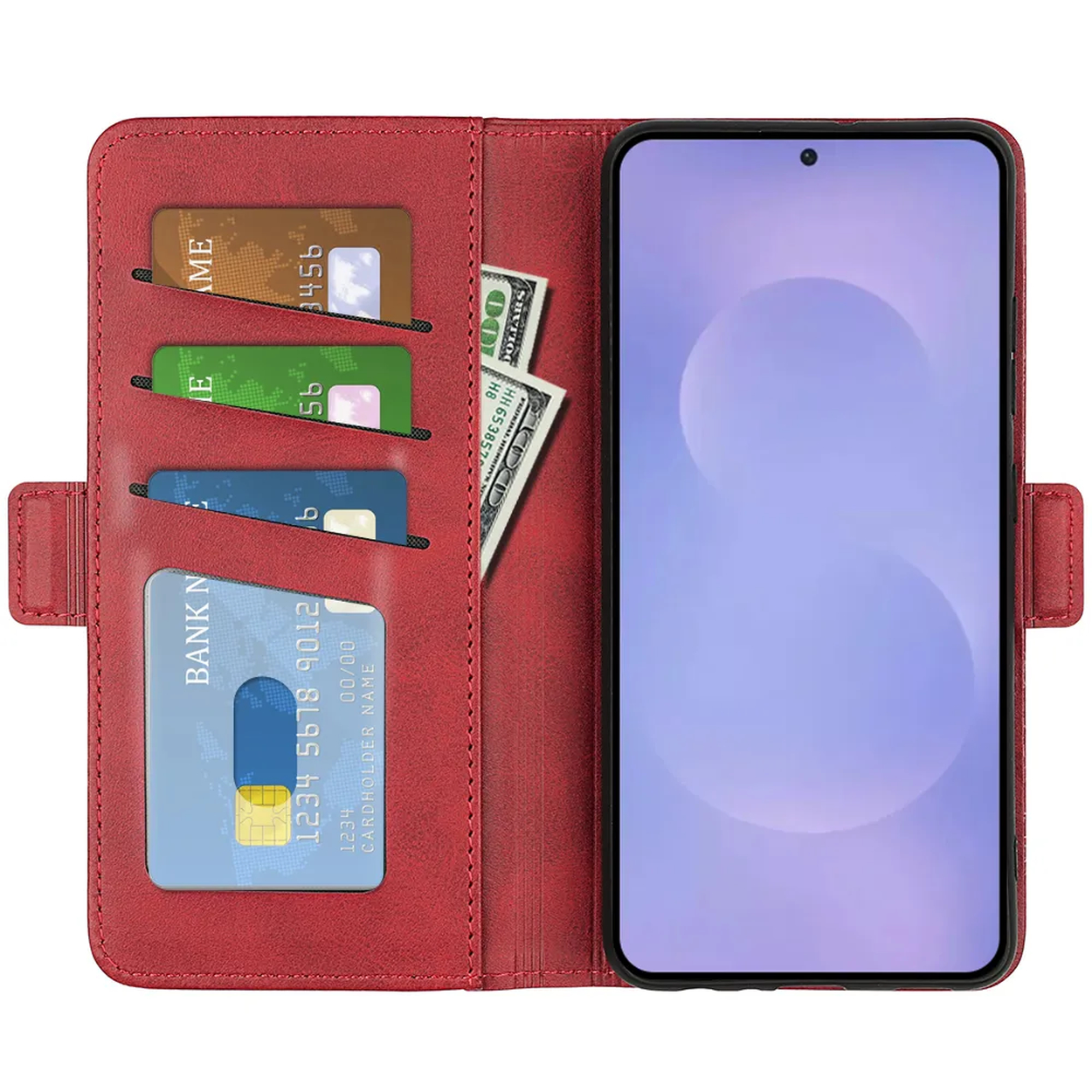 Rode portemonneehoes met telefoon, kaarten en geldvakken. Bevat creditcards en dollarbiljetten.