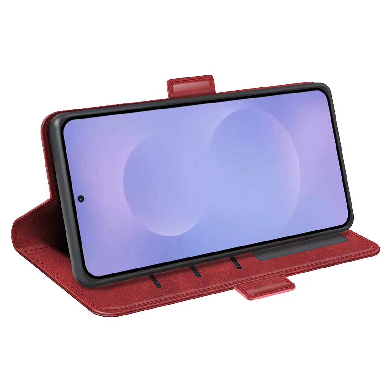 Rode lederen hoes met open smartphone, weergegeven op een witte achtergrond.