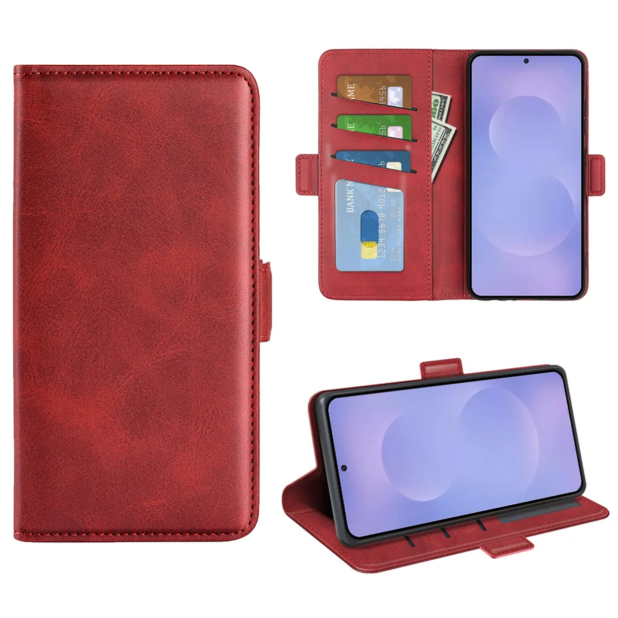 Rood leren telefoonhoesje open, met sleuven voor kaarten en contant geld, en een telefoon.