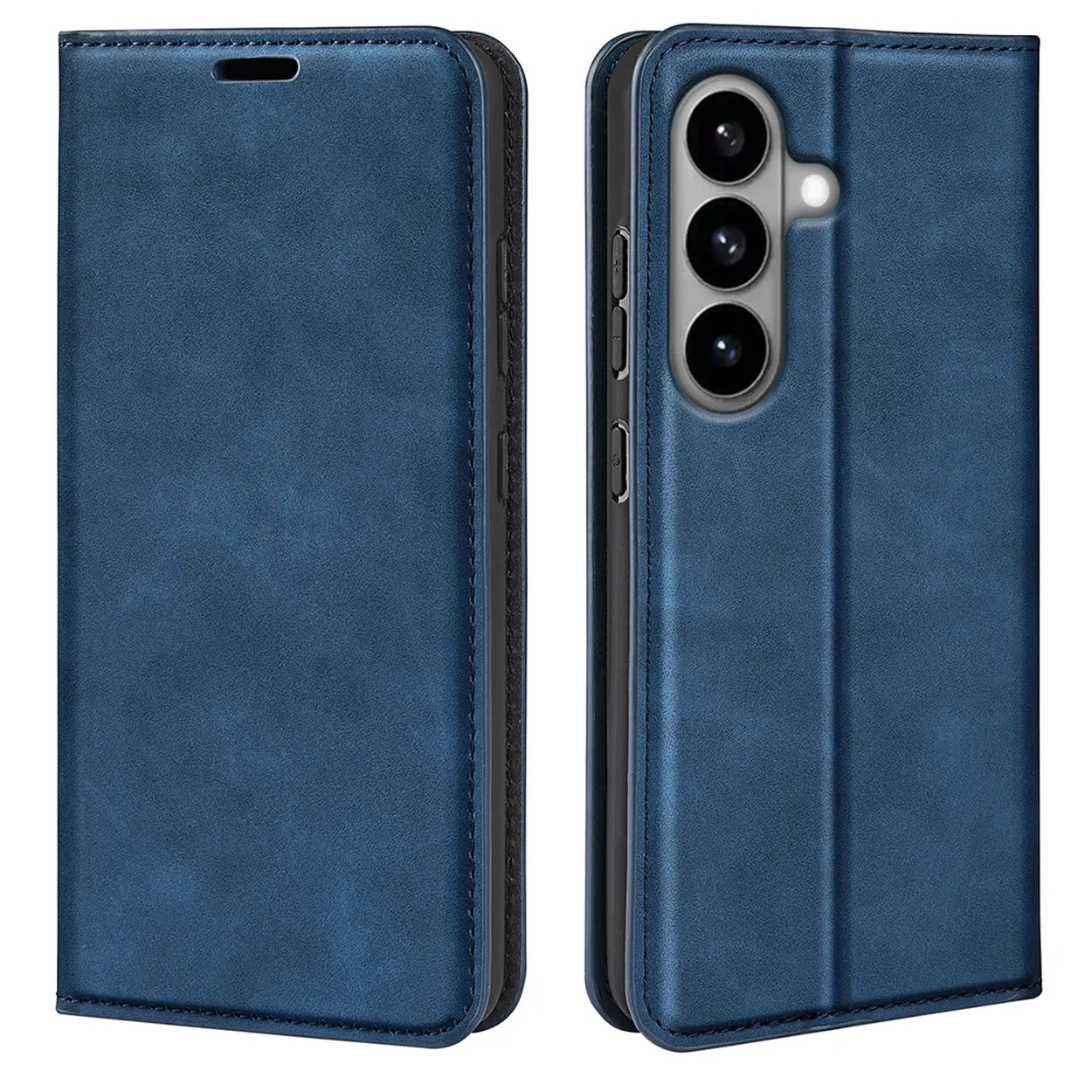 Blauw telefoonhoesje met camera-opening en kaartsleuven.