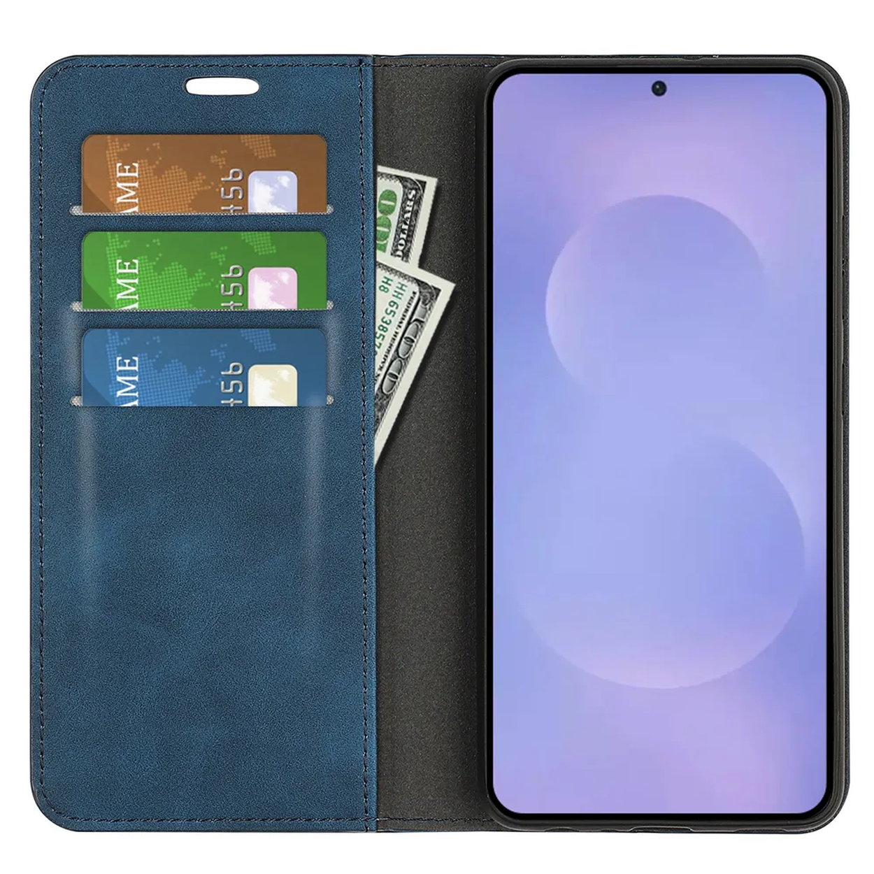 Blauw telefoonhoesje met kaarthouders en geld.