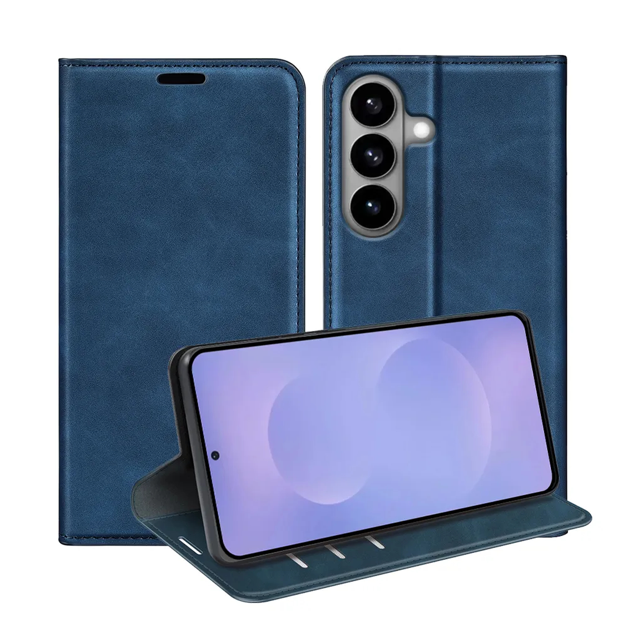 Blauw flip telefoonhoesje met smartphone, drie camera's en een helder scherm.