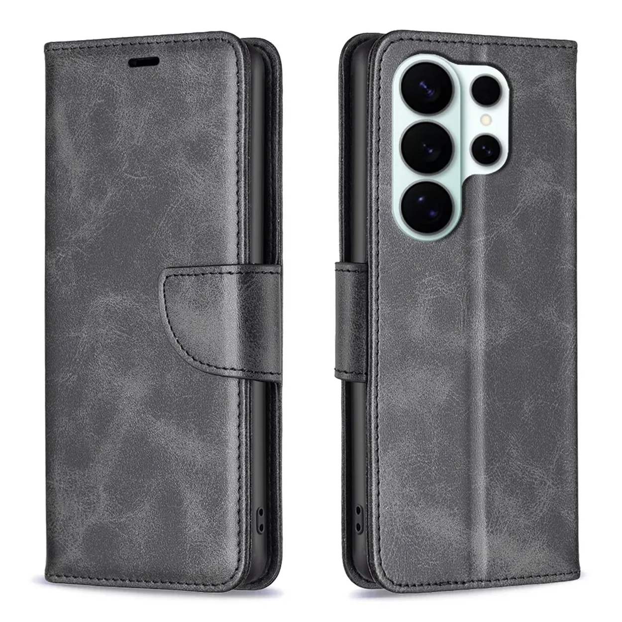 Étui de téléphone en cuir gris avec découpe caméra et fermeture magnétique.