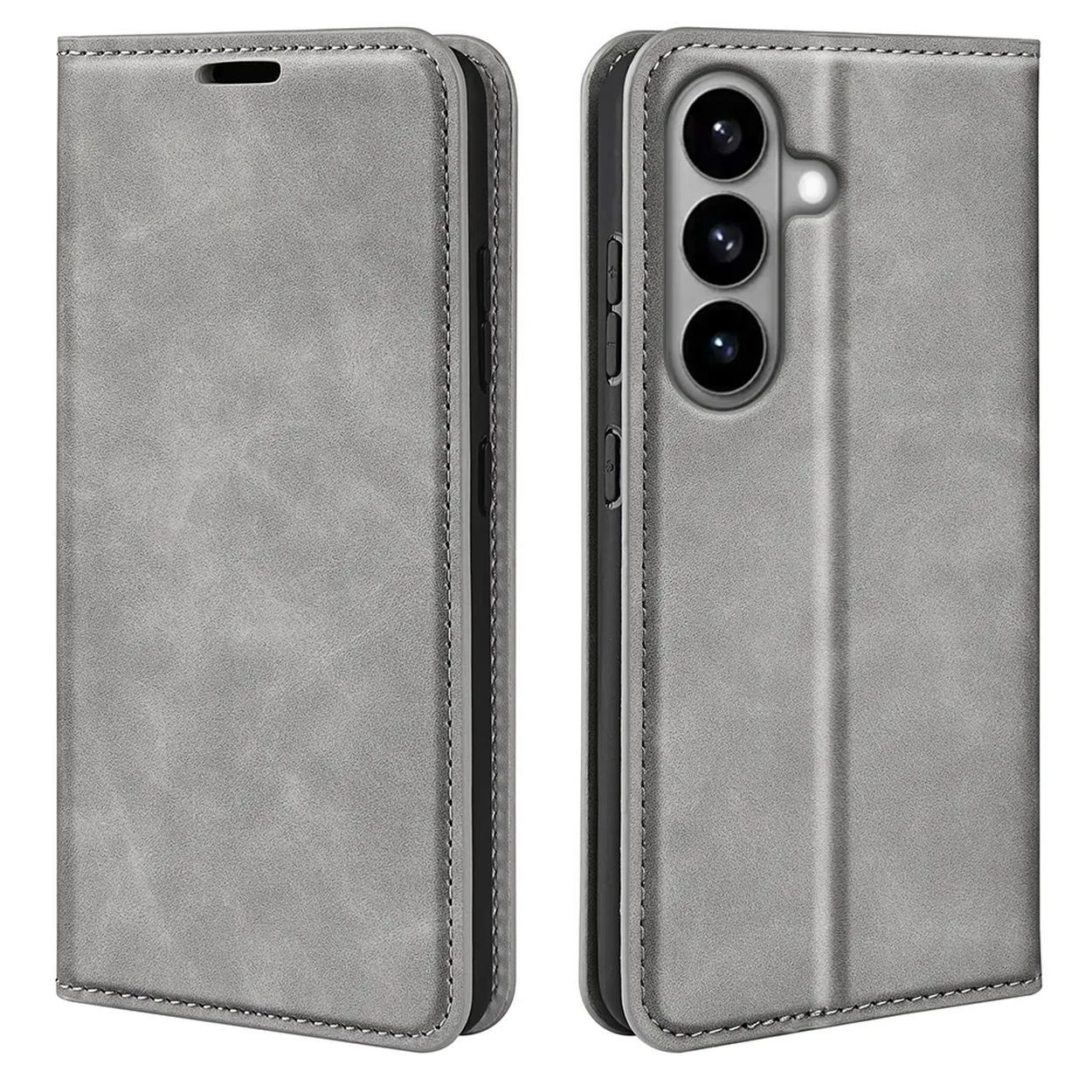 Grijze flip telefoonhoes met drie camera's en stiksels.