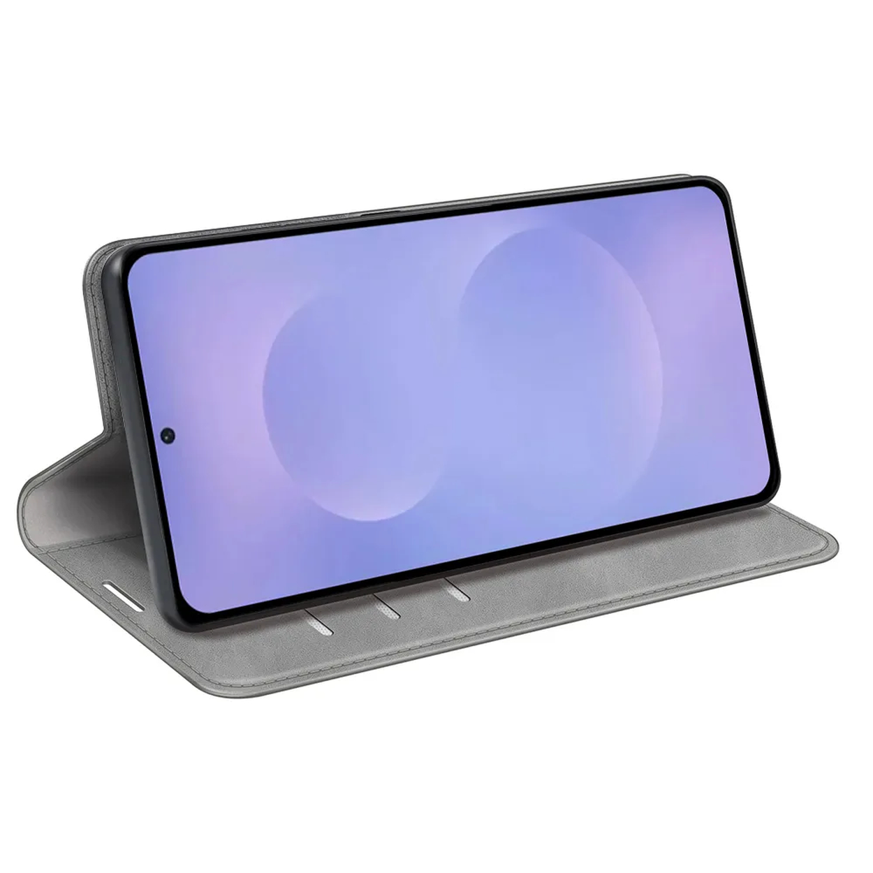 Grijze telefoon met open klapstandaard, weergegeven tegen een witte achtergrond.