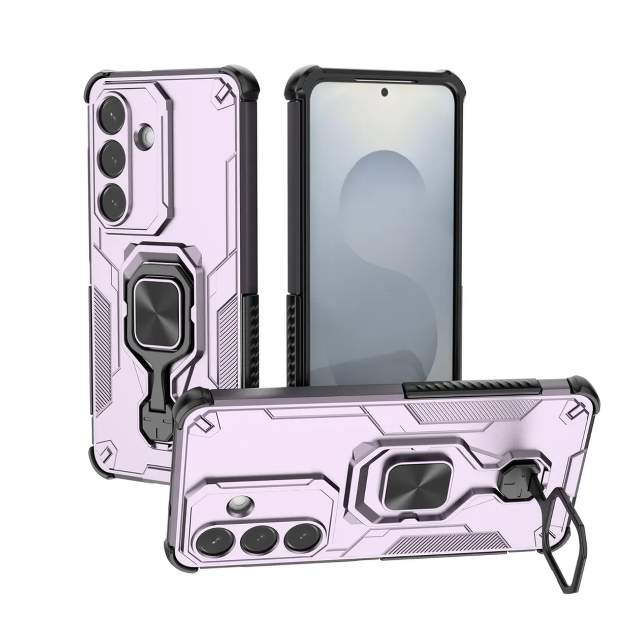 Een lila telefoonhoes met ringhouder en camerauitsnede.