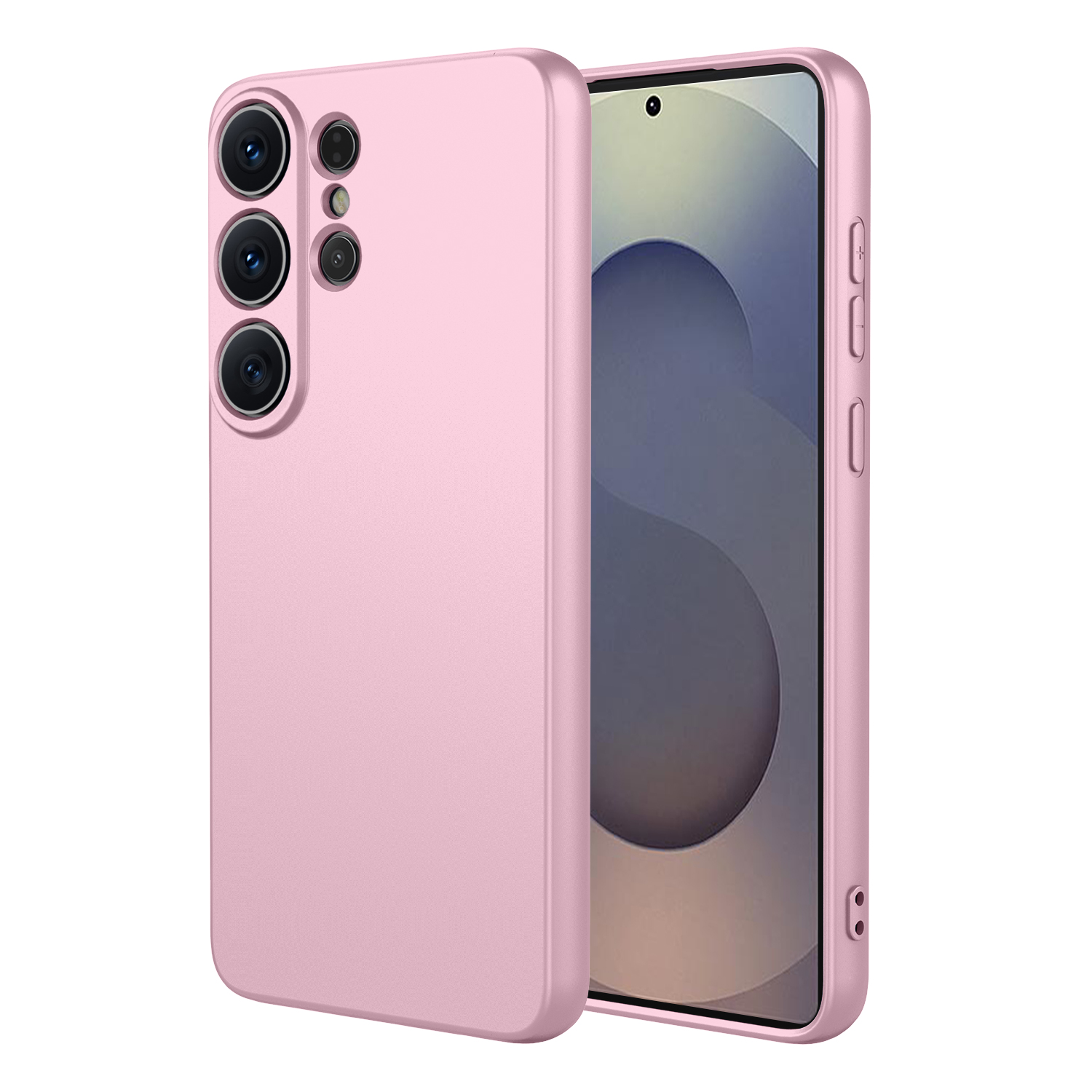 Une coque de téléphone rose pâle repose à côté d'un smartphone.