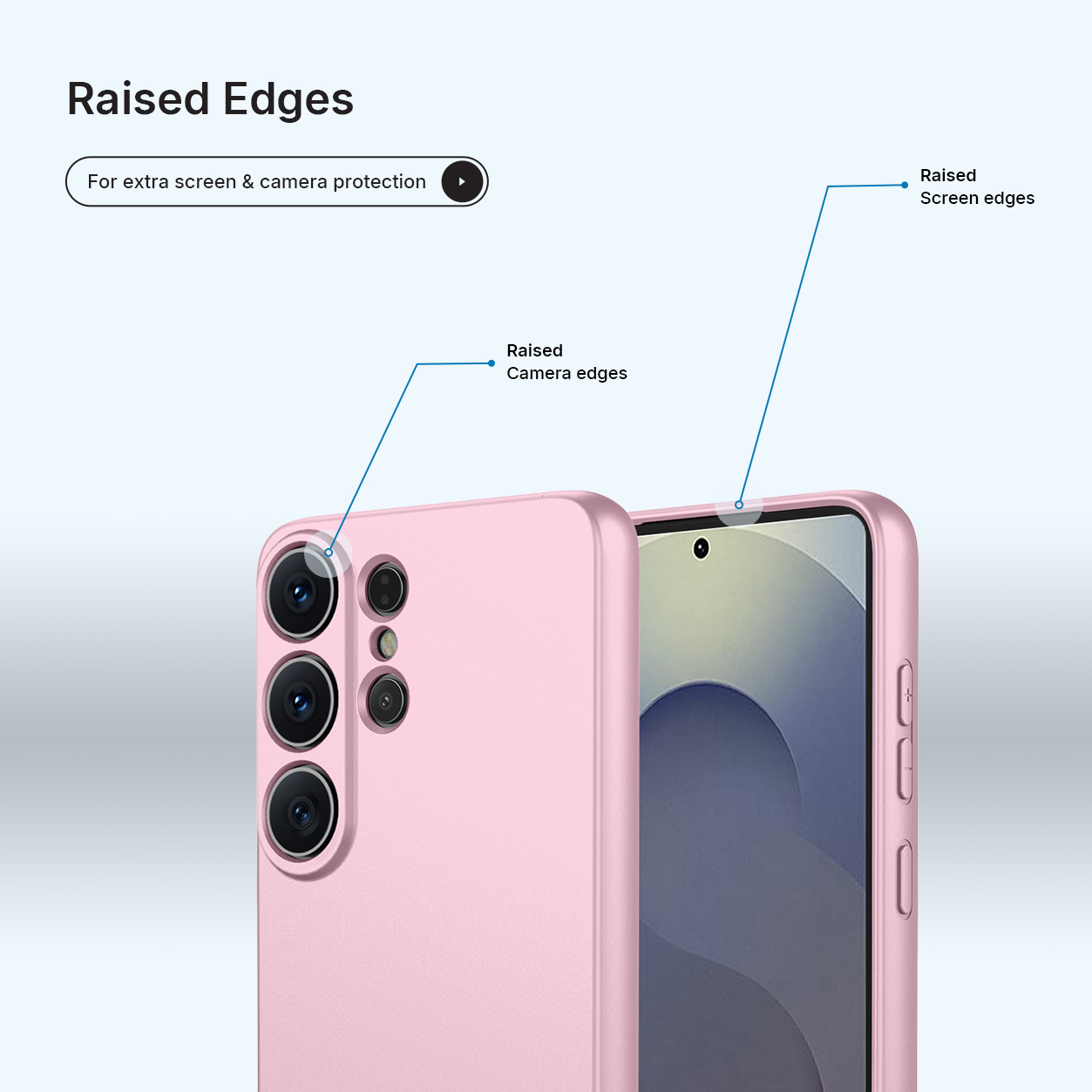 Une coque de téléphone rose avec bords surélevés pour protéger caméra et écran.