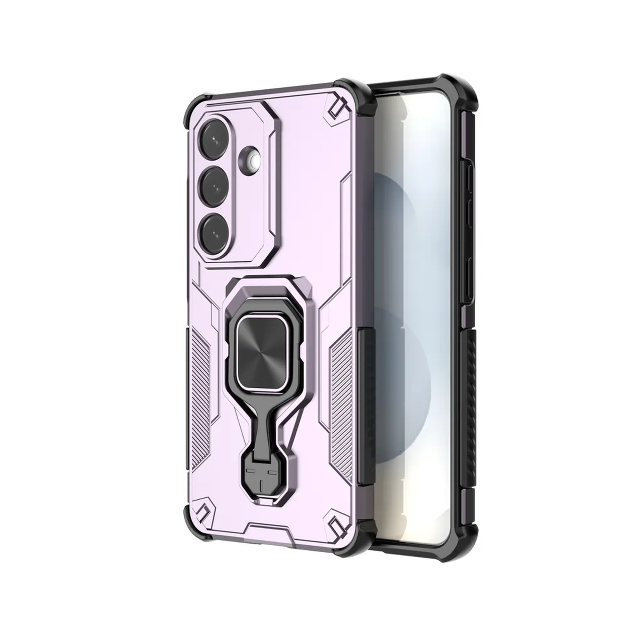 Een paarse telefoonhoes met een ringhouder en drie cameralenzen.