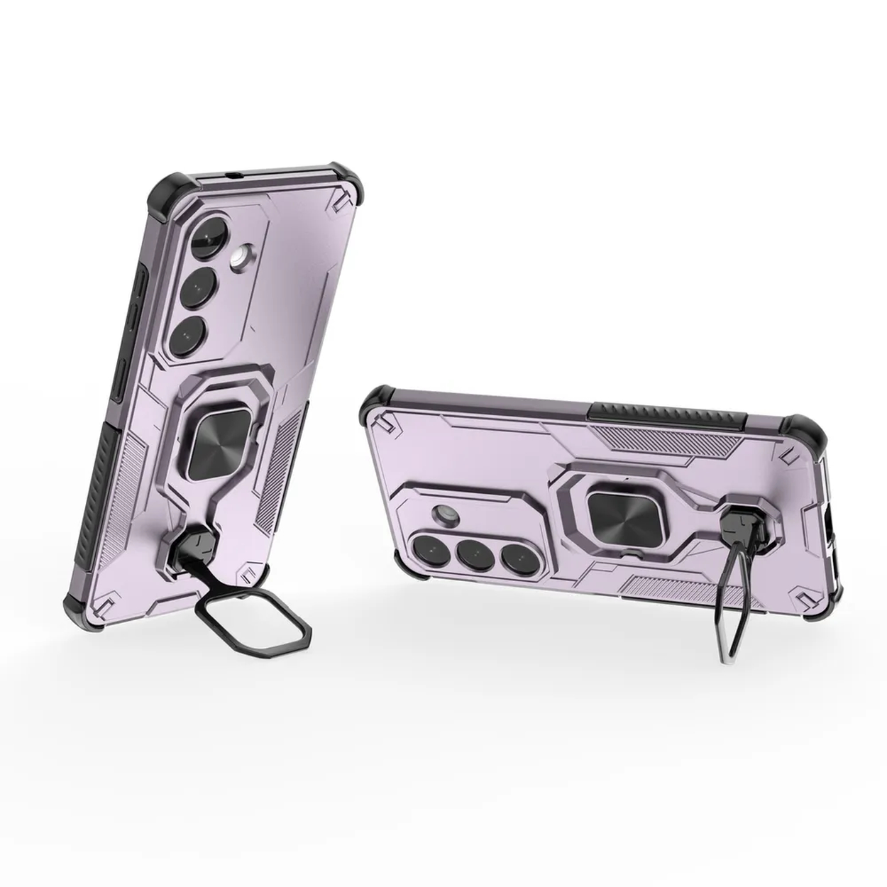Paarse telefoonhoes met ringhouder, getoond op witte achtergrond.