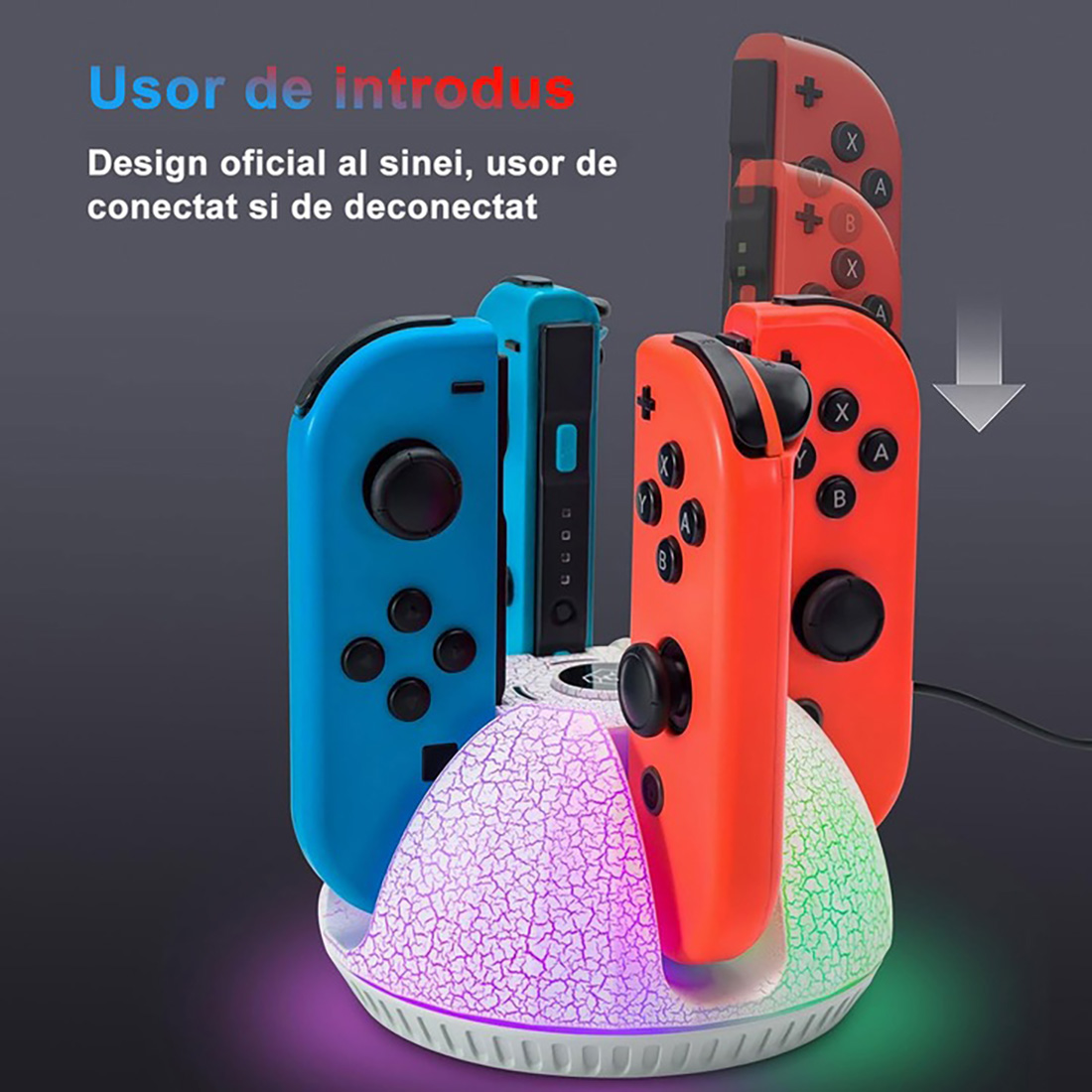 Blauer und oranger Controller-Lade-Ständer mit Lichtern.