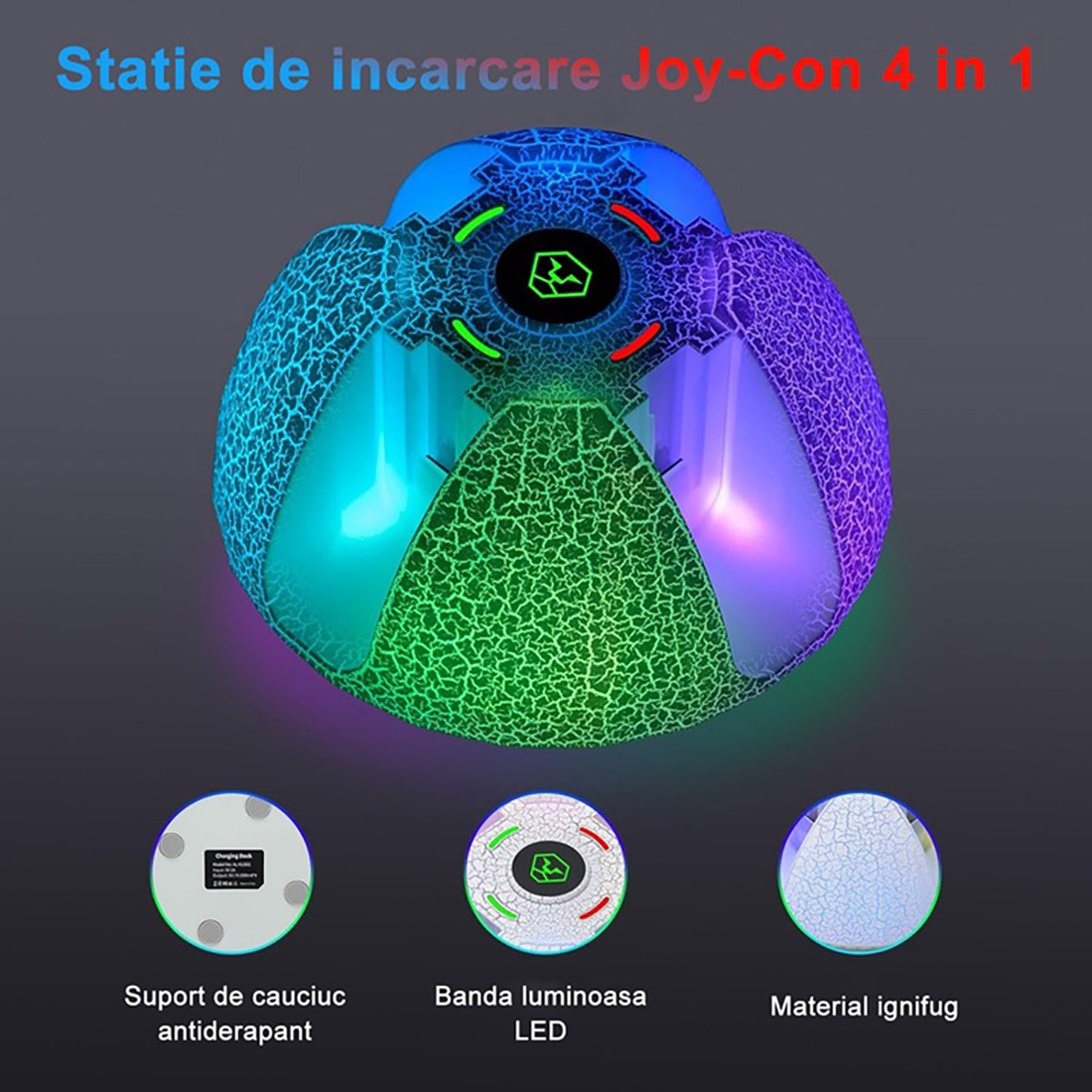 Eine leuchtende Ladestation für Joy-Cons in 4-in-1-Design mit blauem, grünem und violettem Licht.