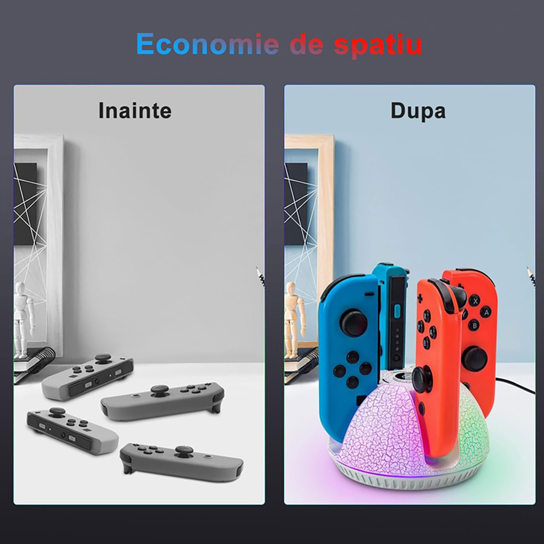 Vorher: Graue Controller liegen lose. Nachher: Blaue und rote Controller in Ladestation mit Licht.