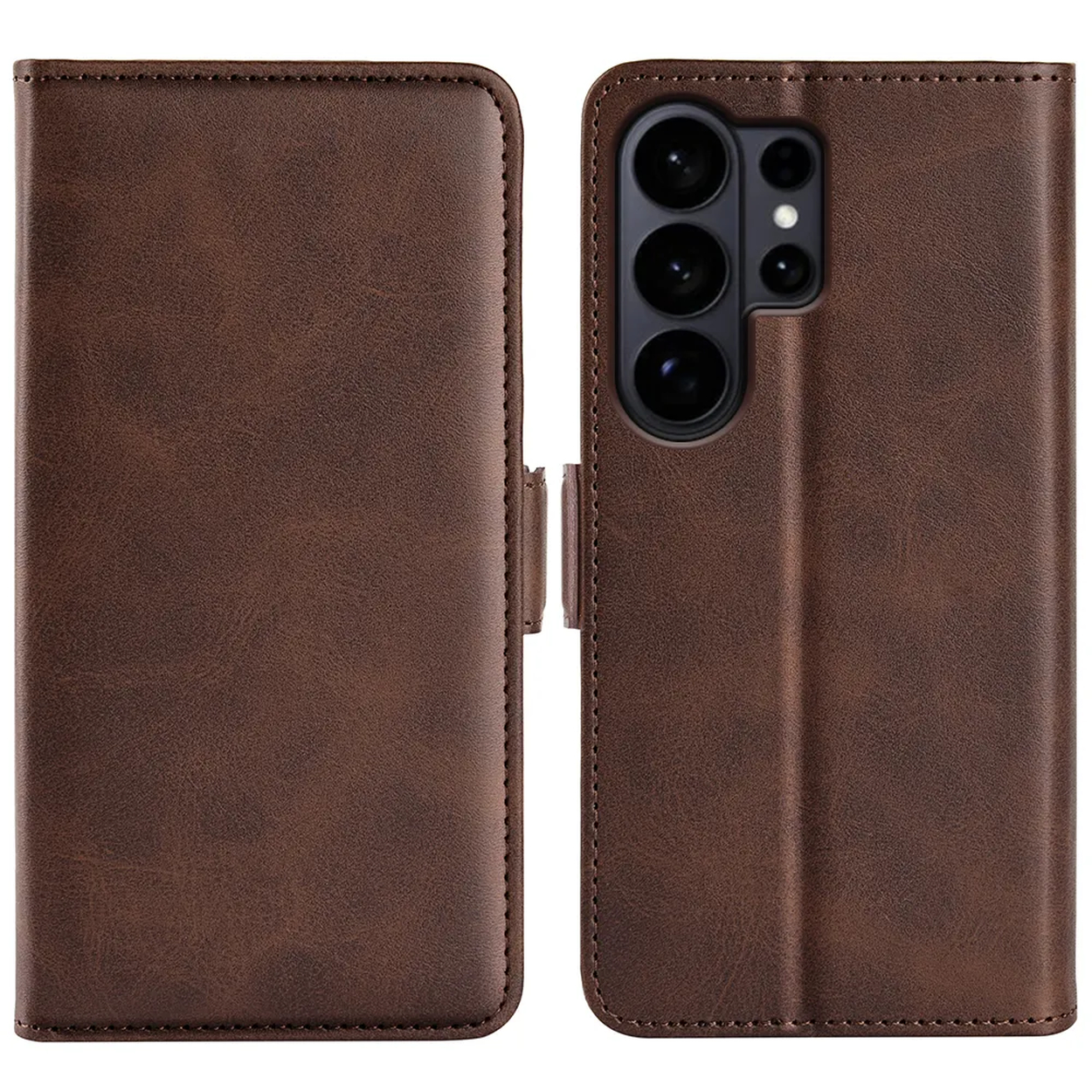 Étui de téléphone en cuir marron ouvert, montrant la caméra.