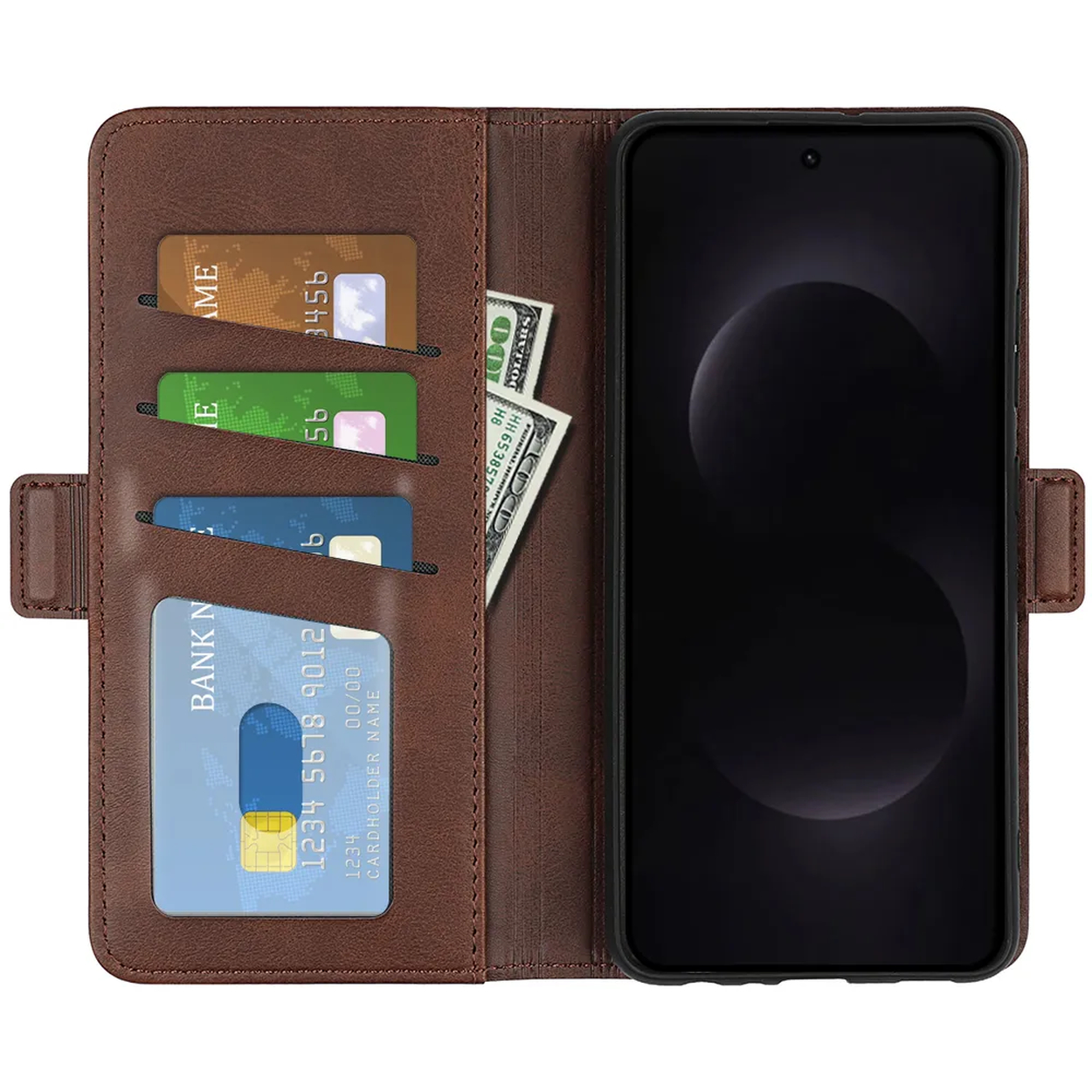 Portefeuille marron avec téléphone, cartes et argent.