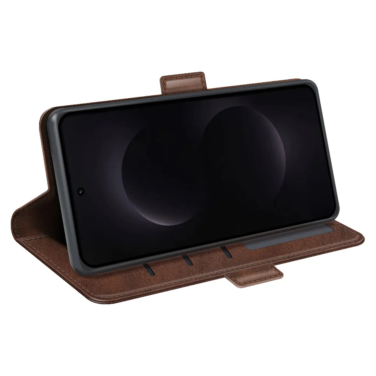 Étui à rabat en cuir marron pour smartphone, sur fond blanc.