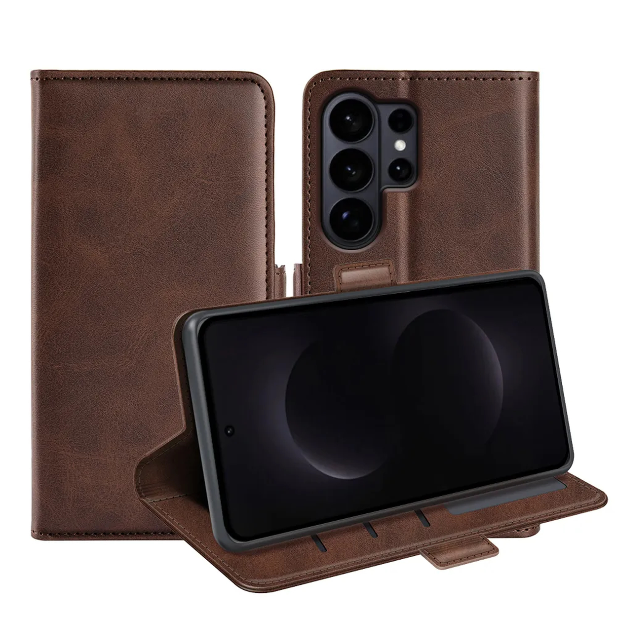 Étui à rabat en cuir marron ouvert, montrant un smartphone à l'intérieur.