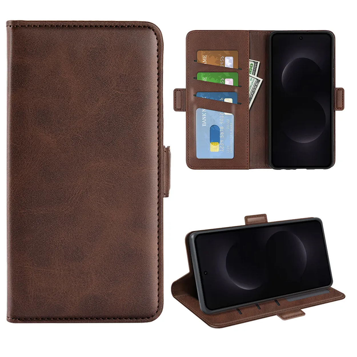 Étui portefeuille en cuir marron pour téléphone avec fentes pour cartes.