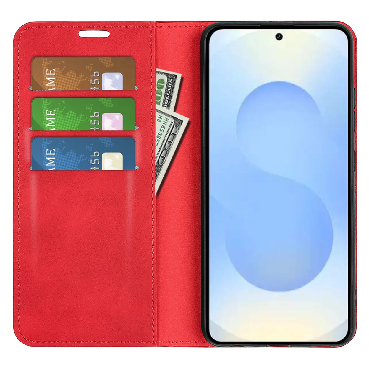 Rood telefoonhoesje met kaartsleuven en bankbiljetten. Telefoon met blauw scherm.