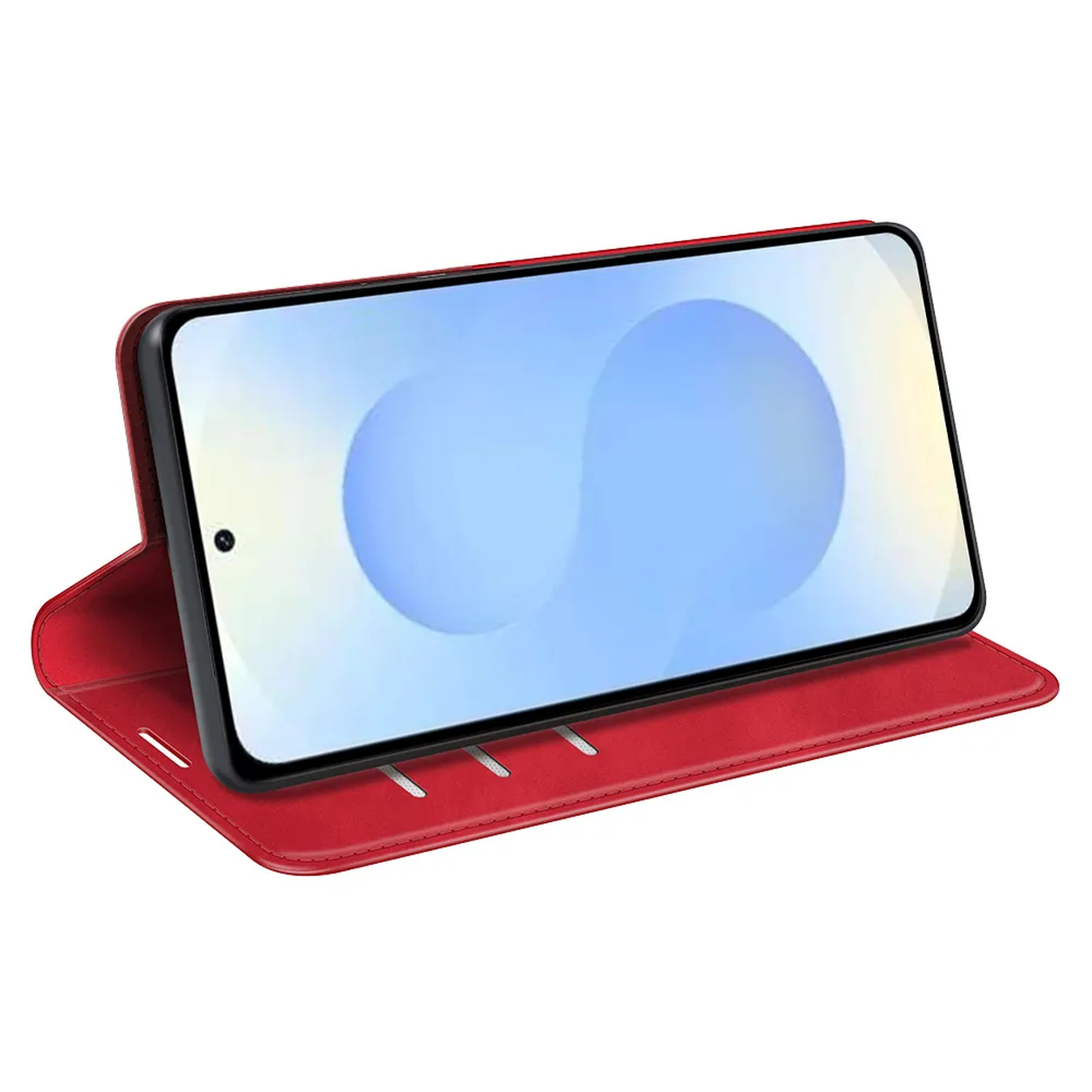 Een rode flip case met een smartphone erin.