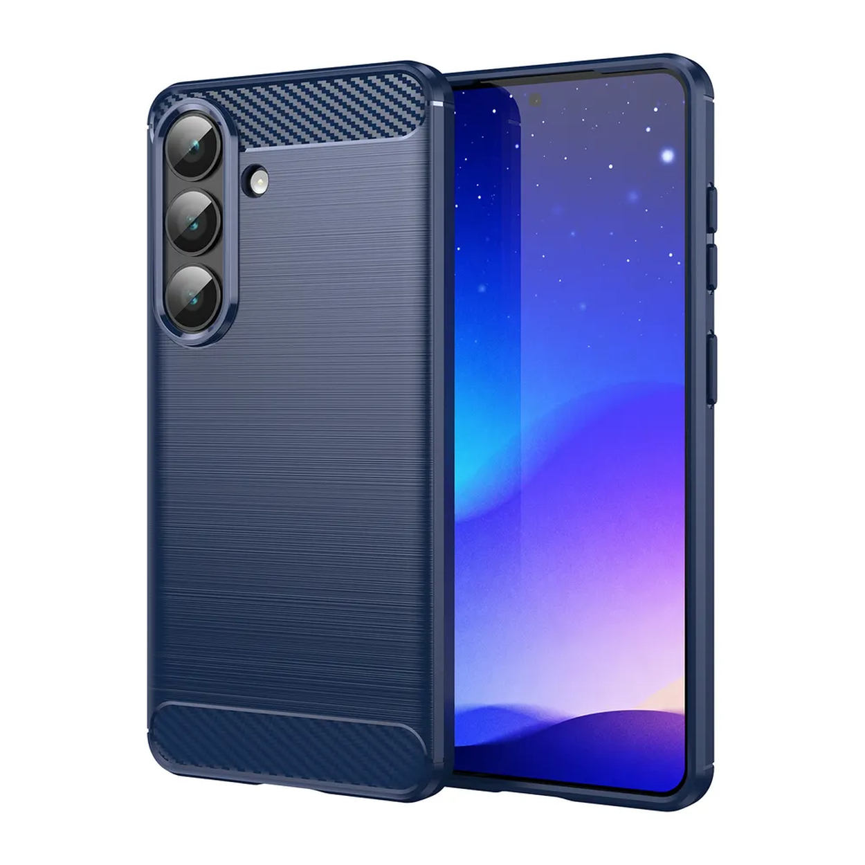 Donkerblauw telefoonhoesje met camera's, naast telefoon met sterren.