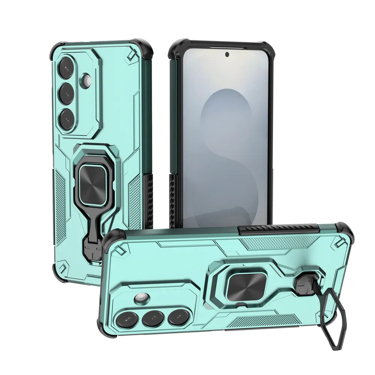 Turquoise telefoonhoes met ringhouder en camera-uitsparingen.