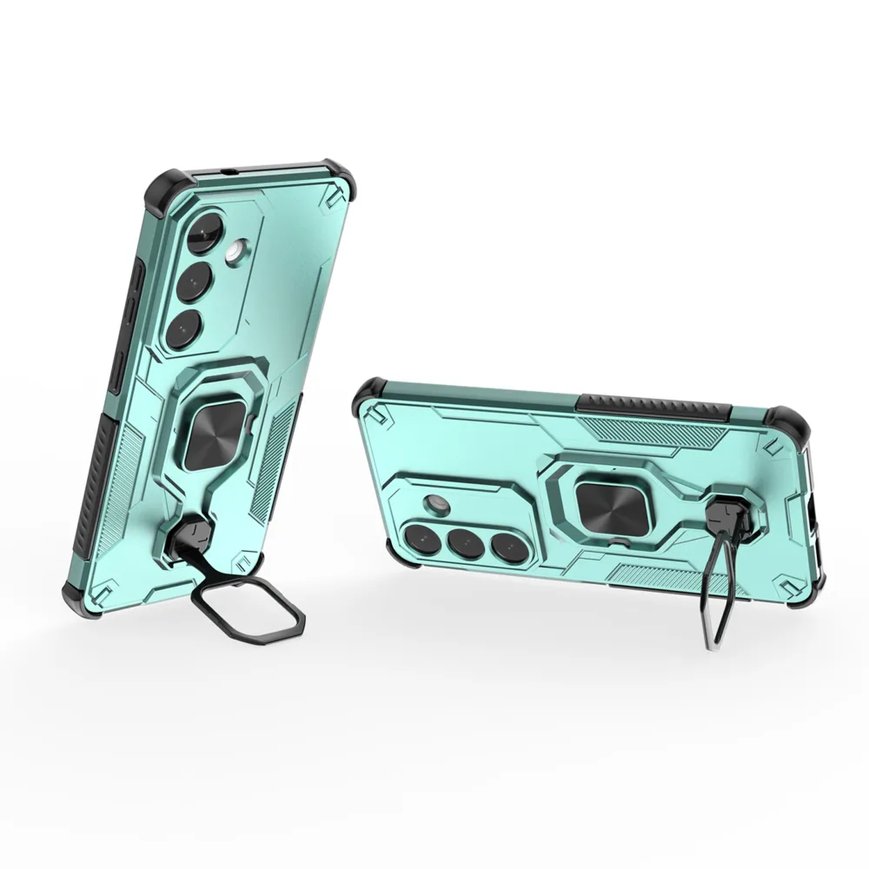 Twee teal telefoonhoesjes met zwarte rand en ringhouders op witte achtergrond.