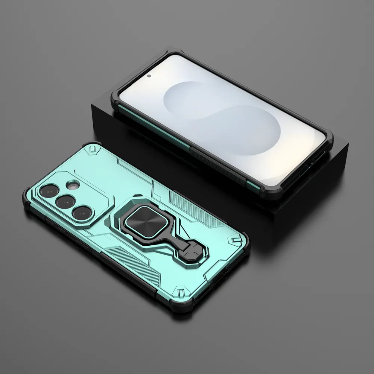 Een teal telefoonhoes met ringhouder naast een smartphone.