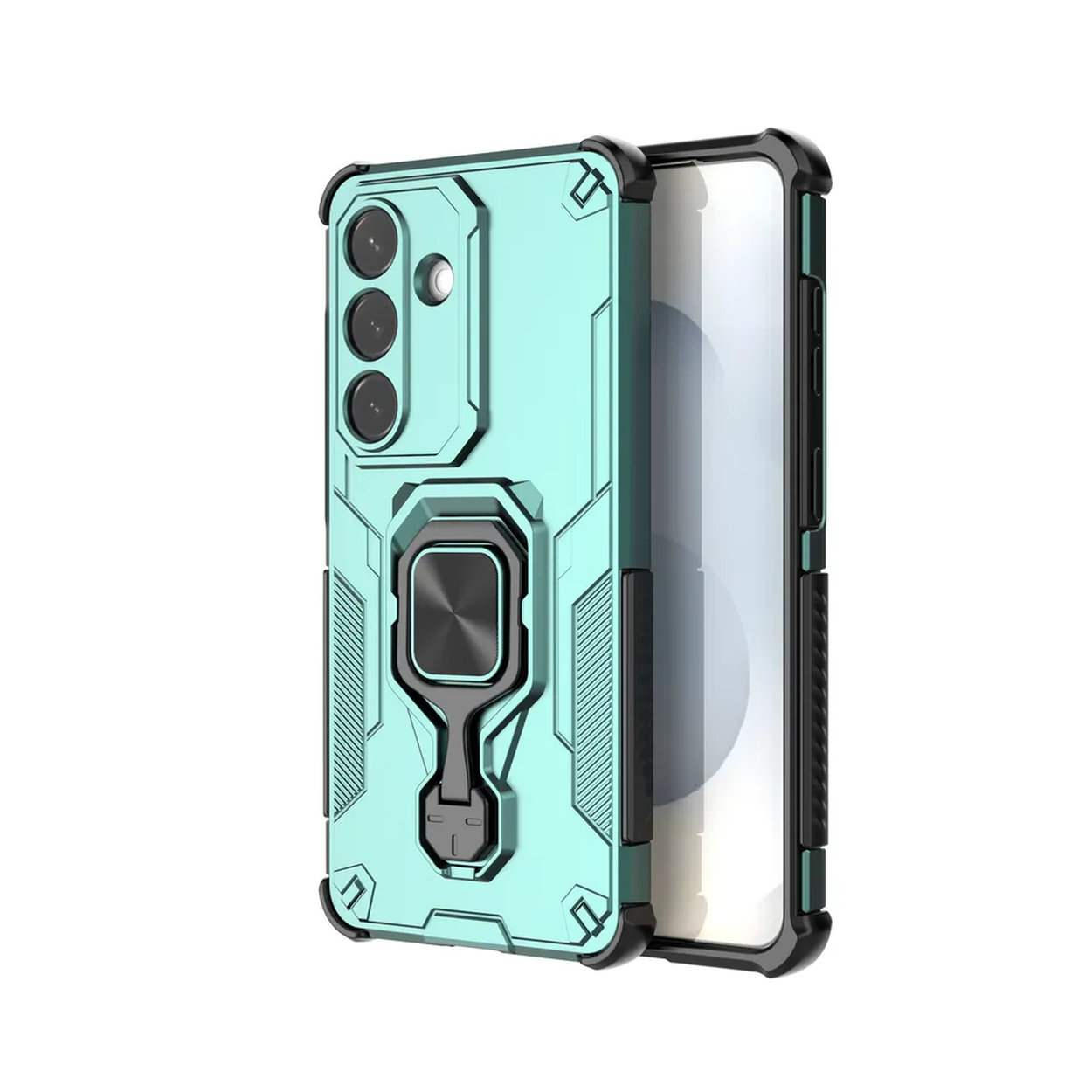 Turquoise telefoonhoes met ringhouder en camerabescherming, witte achtergrond.