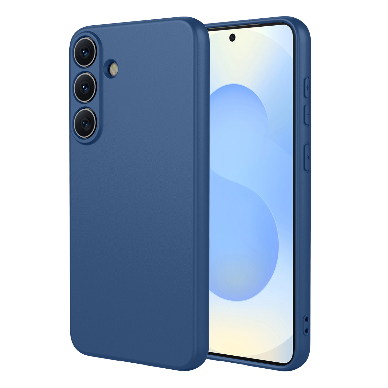 Une coque de téléphone bleue est à côté d'un smartphone à écran bleu.