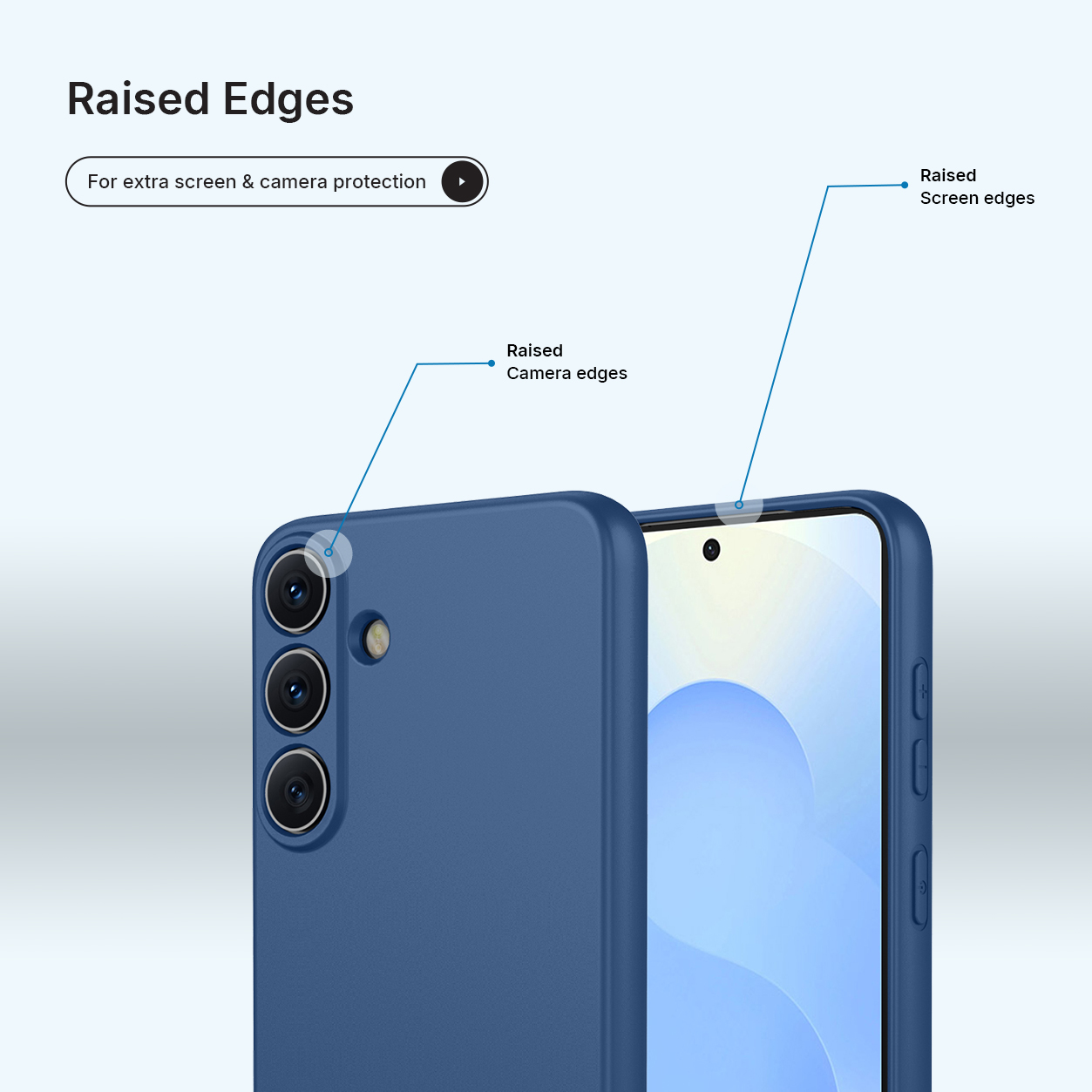 Une coque de téléphone bleue avec bords surélevés pour protéger caméra et écran.