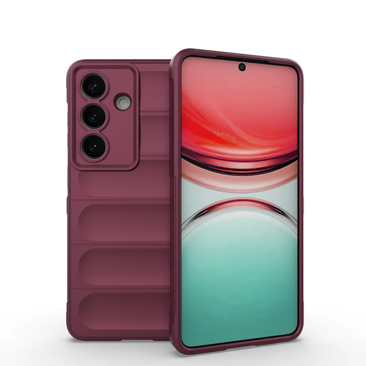 Un téléphone bordeaux avec un dos matelassé et trois caméras.