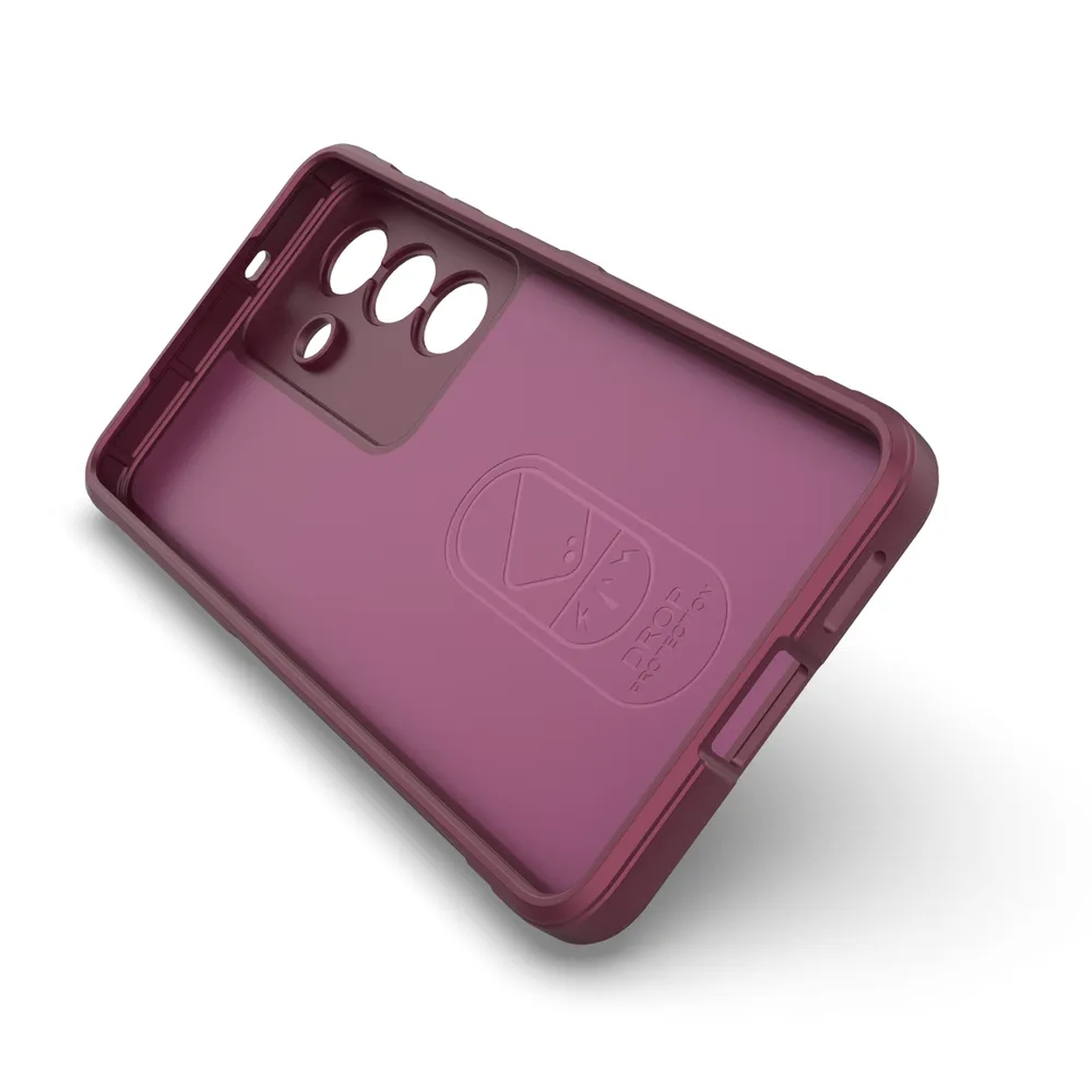 Coque de téléphone violette avec découpes caméra et boutons.