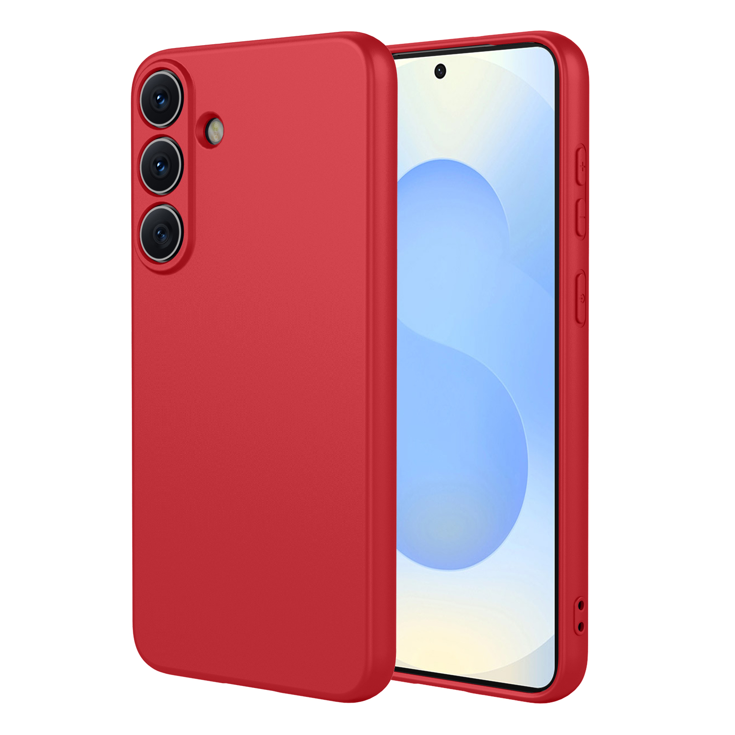 Une coque de smartphone rouge est présentée à côté d'un smartphone avec un écran.