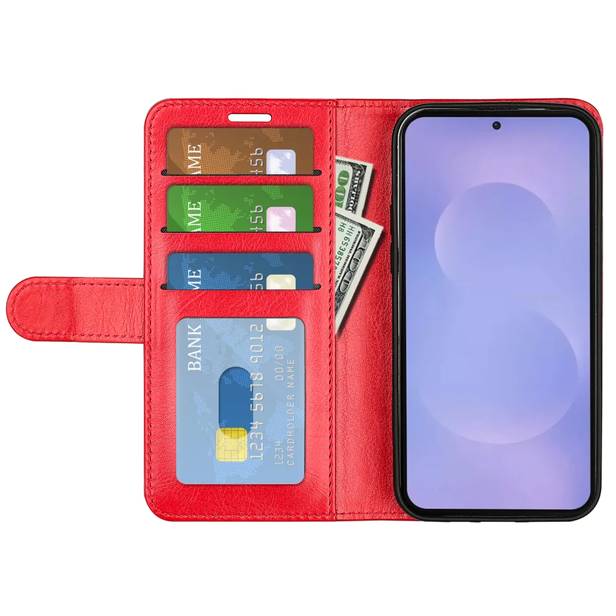Rode portemonneehoes met creditcards, contant geld en telefoon. Open weergave.