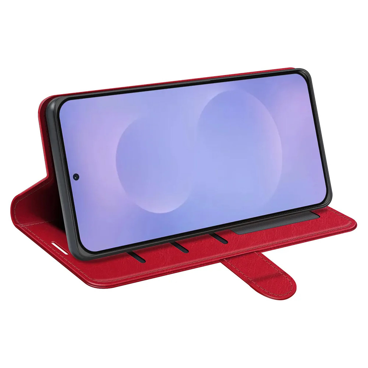 Rode flip telefoonhoes met paars schermachtergrond.