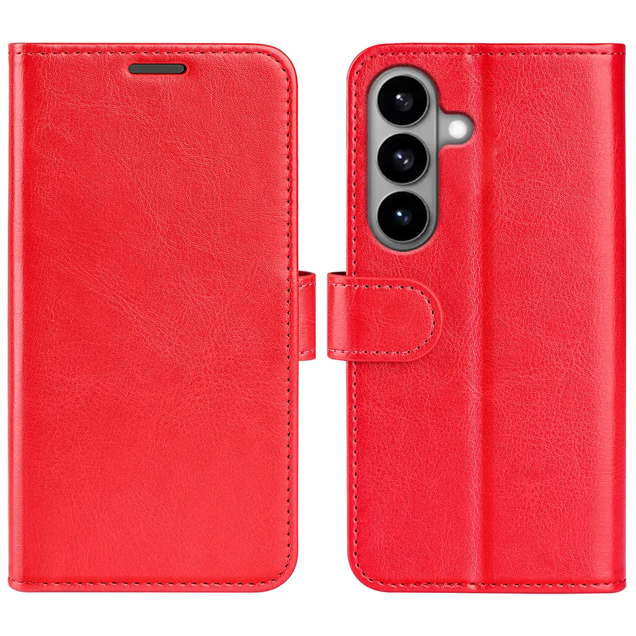 Rode leren telefoonhoes met drie cameralenzen en riemsluiting.